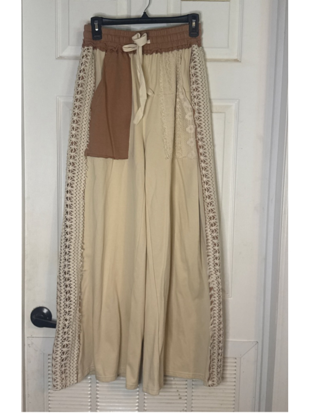 Mello Beige Wide Leg Pants with Crochet Trim - Picture 2 of 5